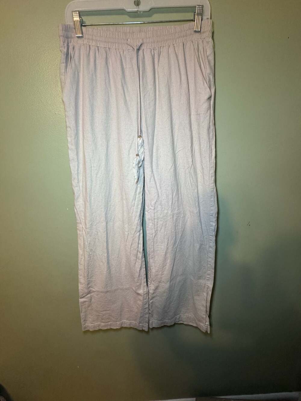 Ellen Tracy Pull On Linen Blend Pants Size M Beige Wide Leg Drawstring